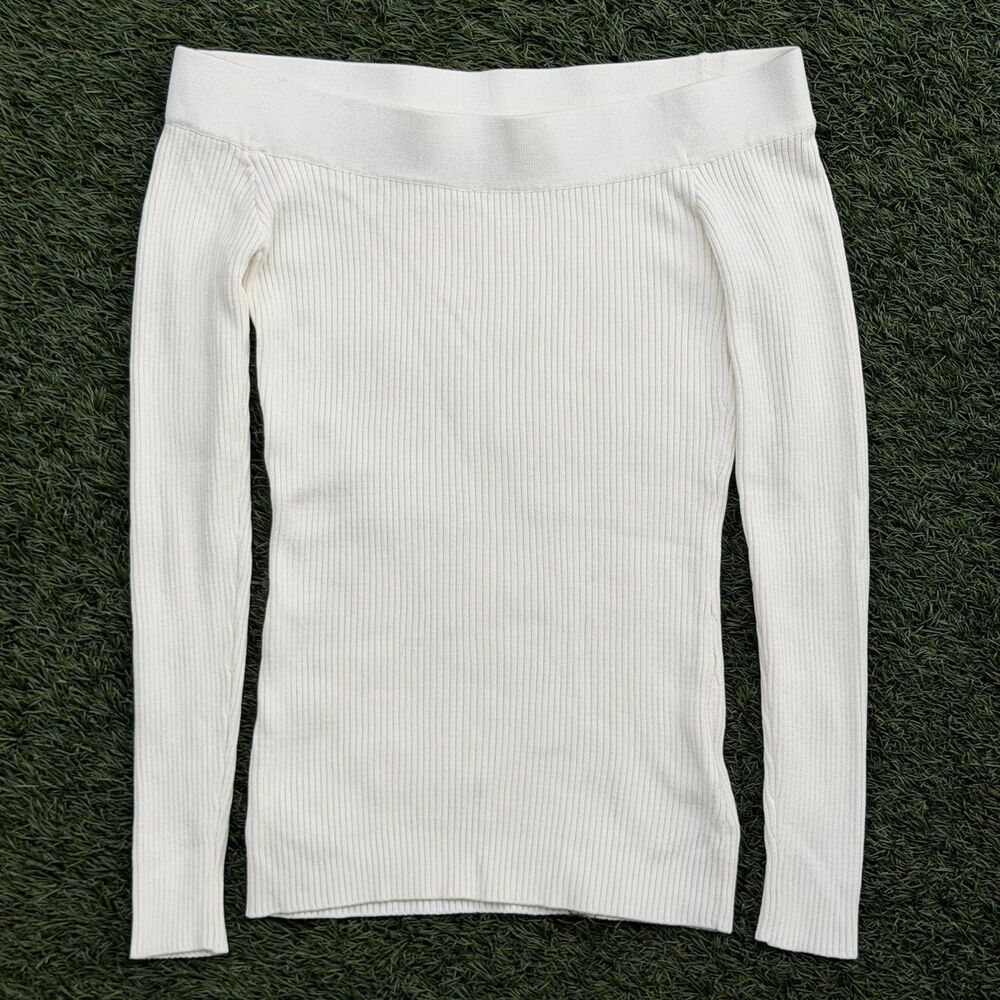Guess Off Shoulder Ribbed Sweater Top Off White Stretch Womens Small Fitted